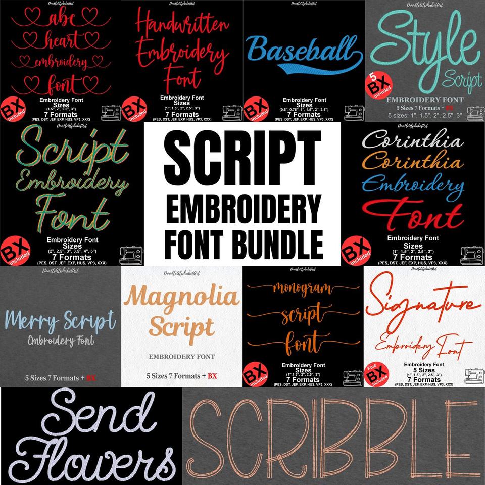 Full alphabet chart, script embroidery bundle machine embroidery font