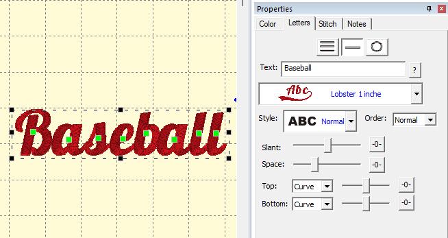 Embrilliance design page with Baseball in plain lobster cursive and no long swash under the word