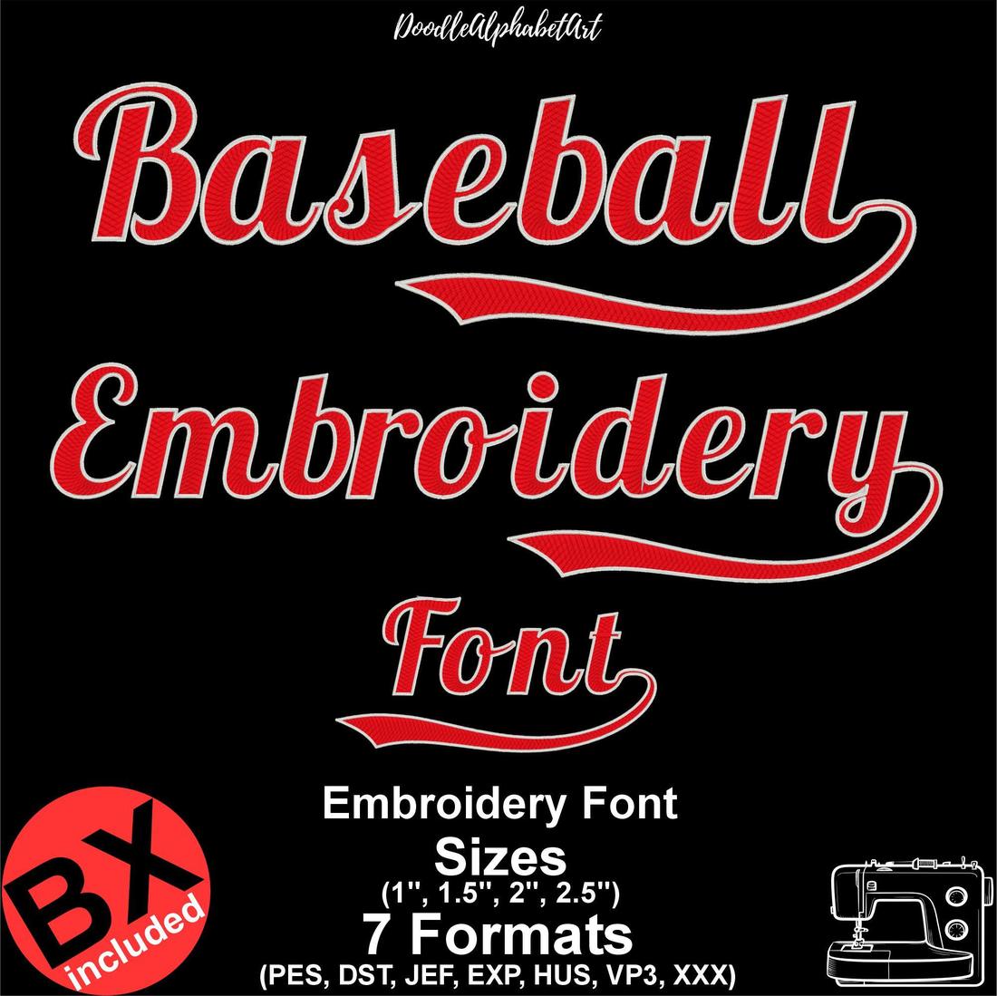 Red two-color Baseball embroidery font sample, with a light edge, sizes 1, 1.5, 2, and 2.5 inches, and a BX file included