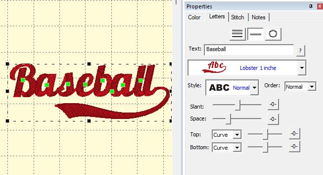 Embrilliance design page with the word Baseball in the Lobster 1 inch script and a long red swash under the letters