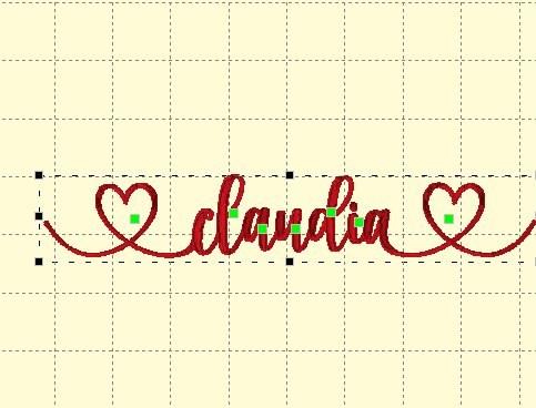 Embrilliance design page with the name Claudia in heart script, a heart at the start and a heart at the end