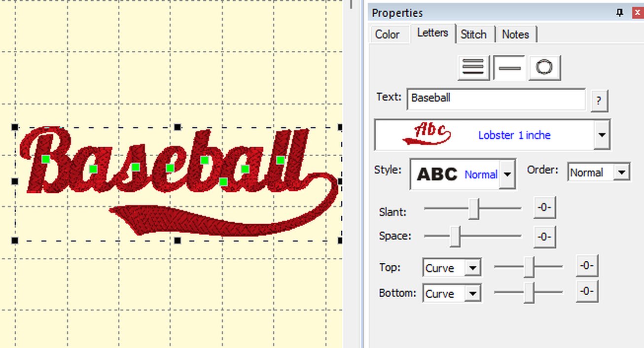 Embrilliance Letters panel with the word Baseball typed in the Lobster 1 inch script font