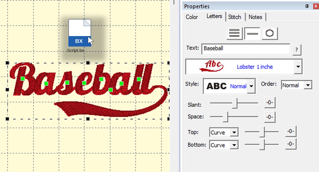 Embrilliance design page with a BX file being dropped onto the yellow grid beside the word Baseball