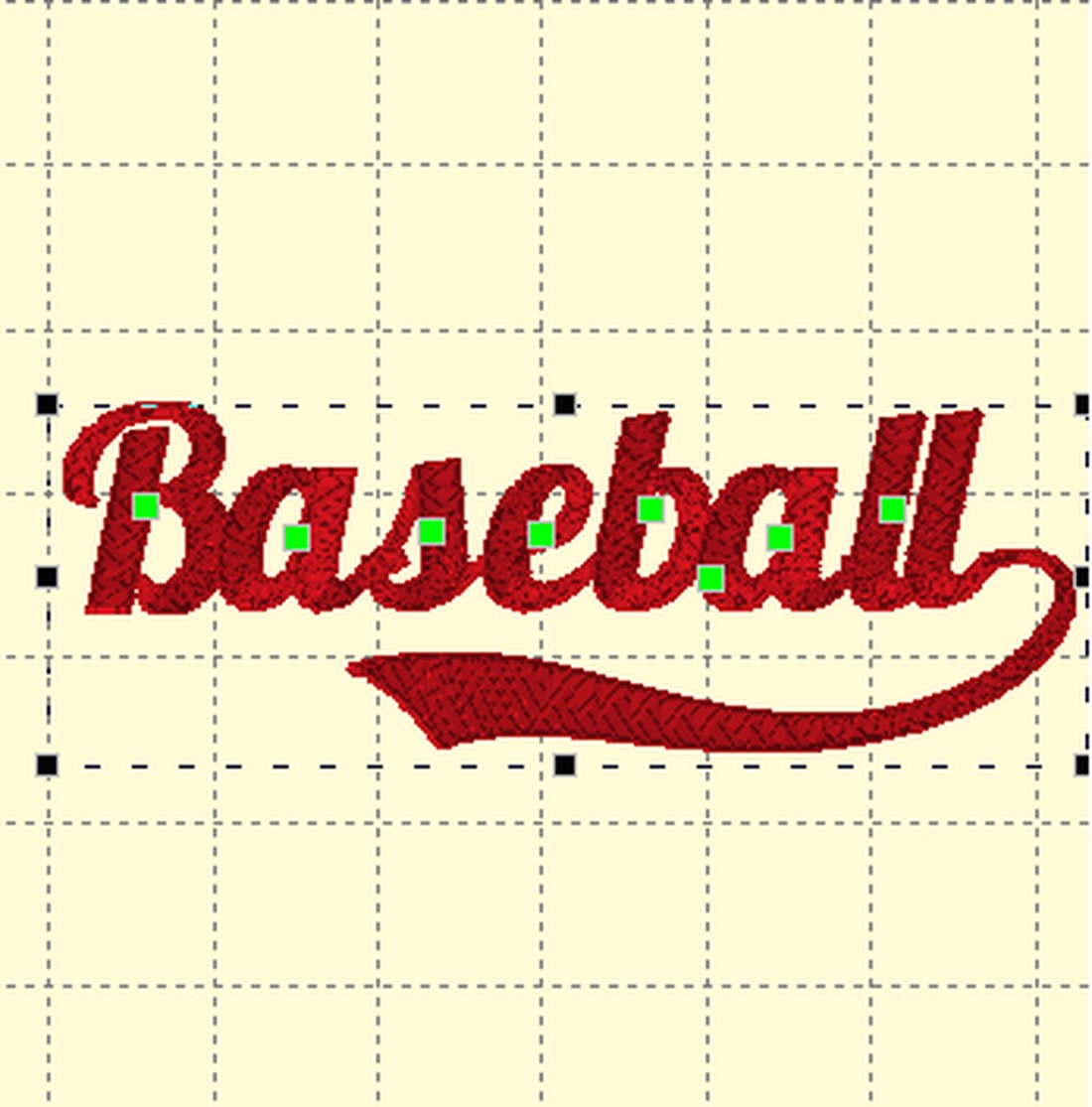 Embrilliance design page with the word Baseball in red satin script on the yellow grid