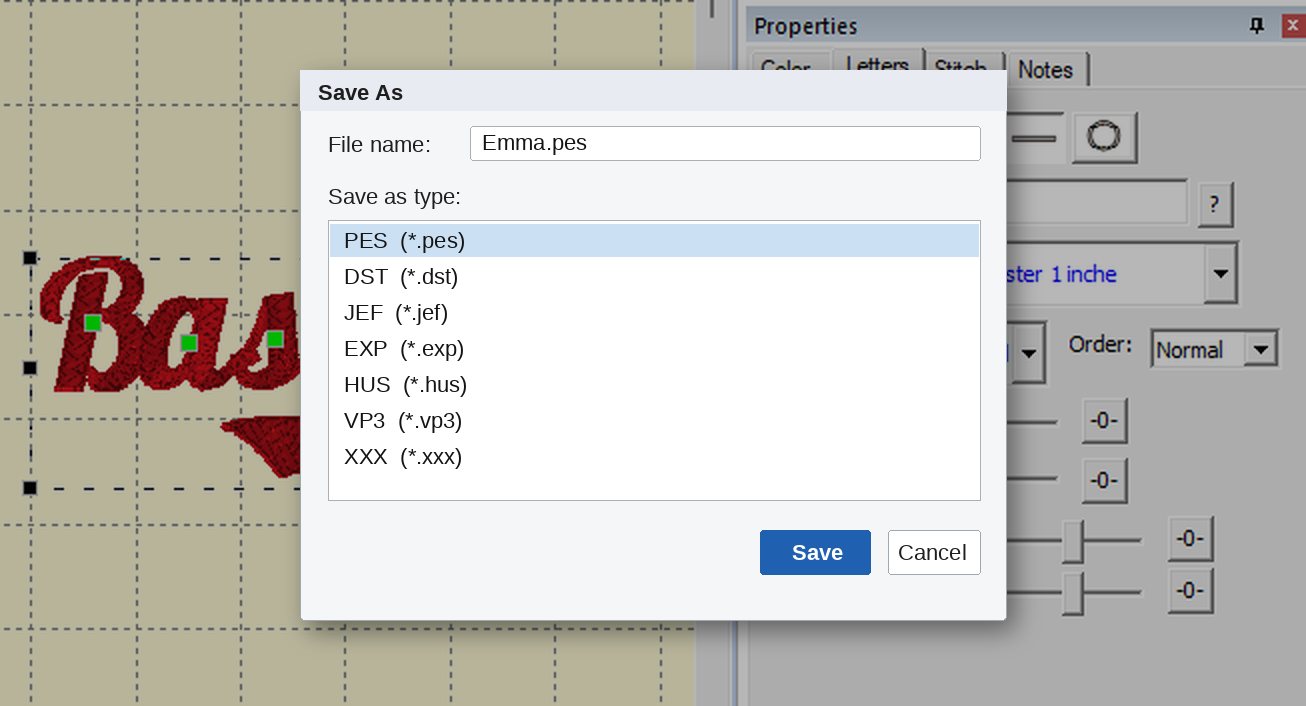 Save As dialog in front of Embrilliance listing PES, DST, JEF, EXP, HUS, VP3, and XXX