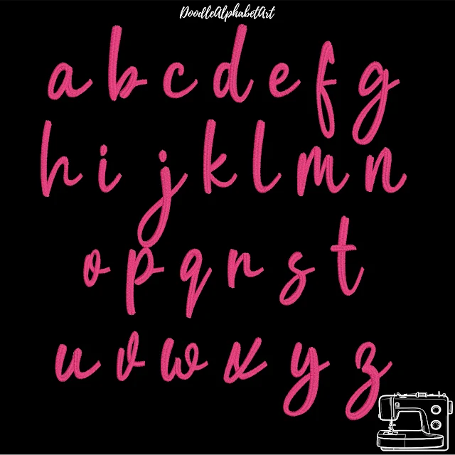 Complete lowercase a to z of the Handwriting Script embroidery font in pink satin stitch.