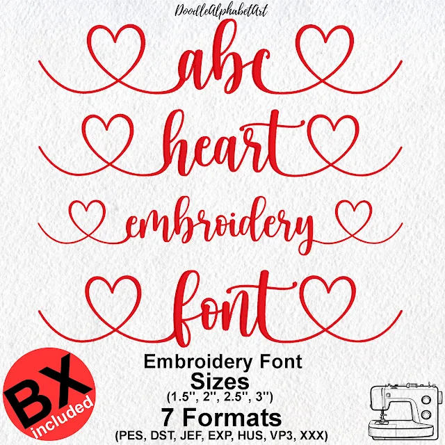 Red heart monogram script with the words abc, heart, embroidery, and font, each line joined by a heart stroke.