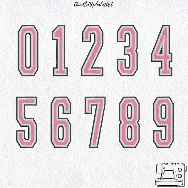 Numbers 0 to 9 in the narrow varsity embroidery font, pink fill with white and black outlines.